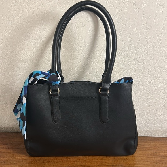 TRINA TURK BLACK VEGAN SHOULDER BAG BLUE BLACK DOT INTERIOR WITH BAG SCARF - Picture 14 of 16